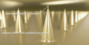 Plastic micro needles with the base printed by 25um resolution and needles tips printed by 10um resolution.