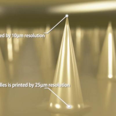 Plastic micro needles with the base printed by 25um resolution and needles tips printed by 10um resolution.